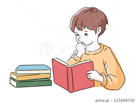 読書を楽しむ少年 – 本を読む子どもの手書き風イラスト 読書を楽しむ少年 – 本を読む子どもの手書き風イラスト 123889730