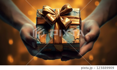 Handcrafted gift box in hands. Offering of the beautiful handmade giftbox. Generated AI. 123889909