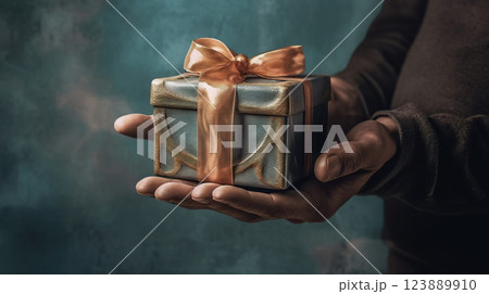 Handcrafted gift box in hands. Offering of the beautiful handmade giftbox. Generated AI. 123889910