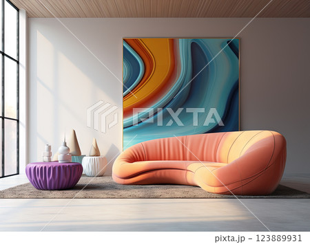 Colorful interior with sofa. Cozy room with comfortable couch and pillows. Generated AI. 123889931
