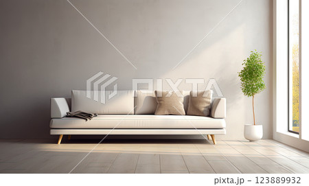 Interior with sofa in modern design. Wide couch in the contemporary room. Generated AI. 123889932