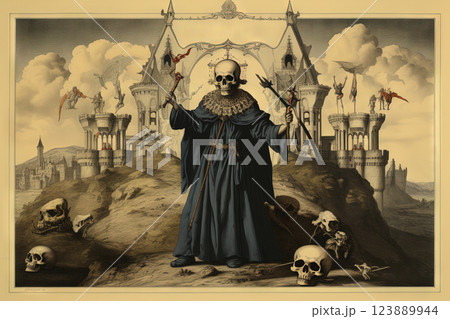 Medieval styled occult art with skeleton and monsters. Ancient icon or old book illustration with mystic religious scene. Generated AI. 123889944