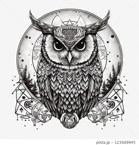 Wild owl with mystic design elements. Occult wise bird black and white symbol in vintage style. Generated AI 123889945