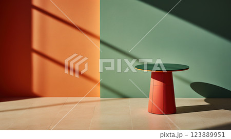 Pedestal in colorful room with shadows on the wall. Rich colored podium scene for product display. Generated AI. 123889951