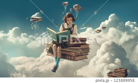 Schoolgirl reads the book in the sky, flying in her dreams and fantasies. Learning concept with little girl in the world of education. Generated AI. 123889958