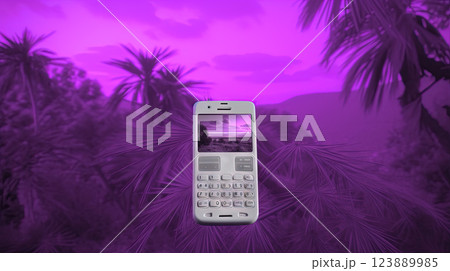 Vaporwave styled scene with retro calculator and palms in purple color. Generated AI. 123889985