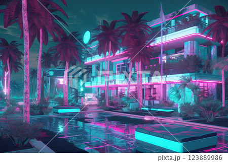 Neon lightened hotel lobby in synthwave style. Blue and purple hotel with palms in 80s style. Generated AI. 123889986