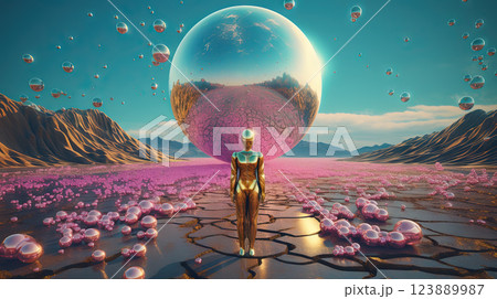 Surreal vaporwave scene with golden ball on the landscape with mountains and sea. 90s styled abstract surreal pink composition. Generated AI. 123889987