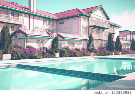 Summer hotel with pool in vaporwave style, pink and blue colors. Generated AI. 123889988
