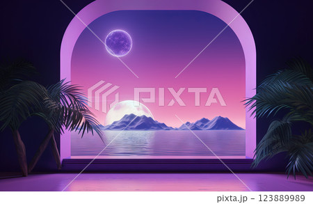 Open window with tropical landscape and ocean in vaporwave style. Purple sundown in 90s style room, vacation calmness frame. Generated AI. 123889989