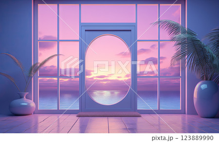 Open window with tropical landscape and ocean in vaporwave style. Purple sundown in 90s style room, vacation calmness frame. Generated AI. 123889990