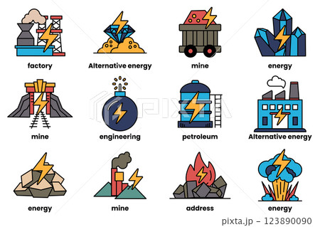 set of illustrations in the concept of energy and renewable energy in a line style 123890090