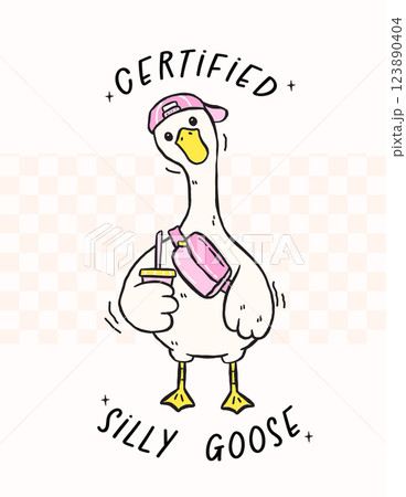 Cute Silly Goose on the Loose with coffee, certified silly goose, Retro Cartoon Hand Drawn Meme illustration Design 123890404