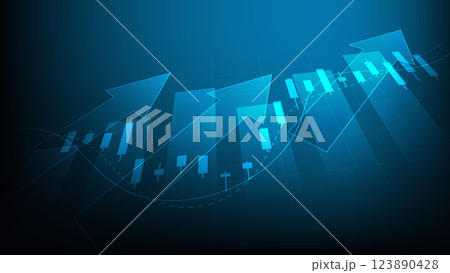stock market trend with candlesticks and bar chart on blue background 123890428