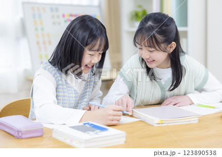 リビングで宿題をする姉妹 123890538