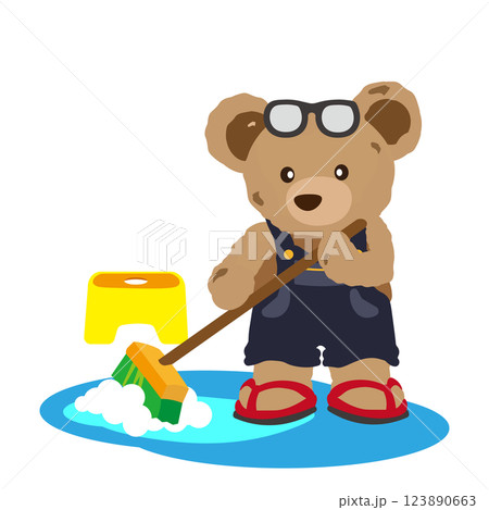 お風呂の床掃除をするクマのぬいぐるみのイラスト お風呂の床掃除をするクマのぬいぐるみのイラスト 123890663