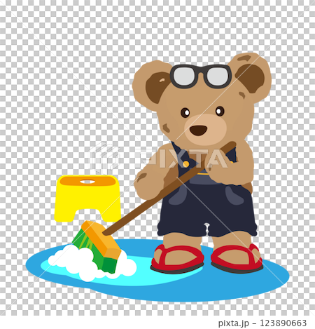 お風呂の床掃除をするクマのぬいぐるみのイラスト お風呂の床掃除をするクマのぬいぐるみのイラスト 123890663