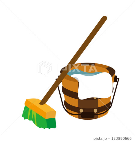 デッキブラシと木製バケツのイラスト デッキブラシと木製バケツのイラスト 123890666