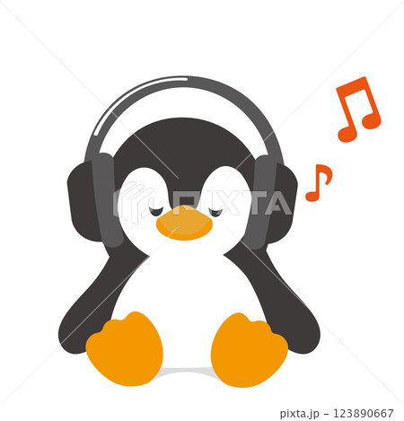 ヘッドフォンで音楽を聴いている可愛いペンギンのイラスト 123890667