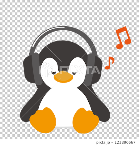 ヘッドフォンで音楽を聴いている可愛いペンギンのイラスト 123890667