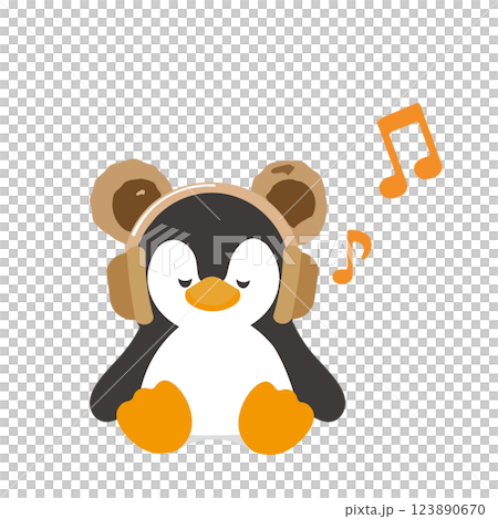一隻企鵝戴著熊耳耳機聽音樂的插圖 一隻企鵝戴著熊耳耳機聽音樂的插圖 123890670