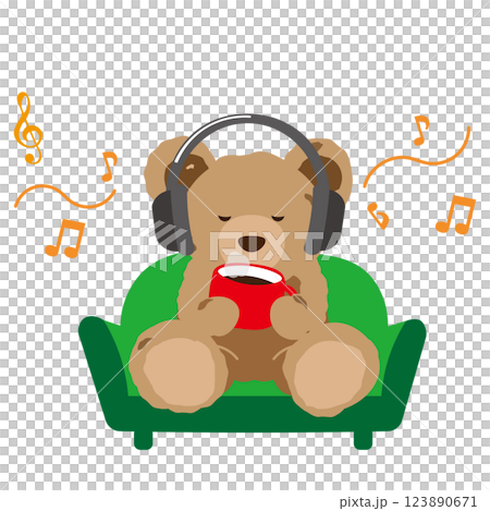 Illustration of a teddy bear drinking coffee and listening to music on headphones Illustration of a teddy bear drinking coffee and listening to music on headphones 123890671