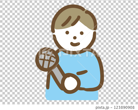 Smiling young man in casual clothes pointing at microphone (upper body) Smiling young man in casual clothes pointing at microphone (upper body) 123890908