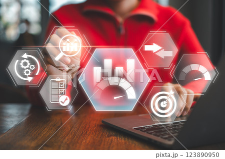 Visual representation of benchmarking with data analytics and performance metrics on a digital interface. 123890950