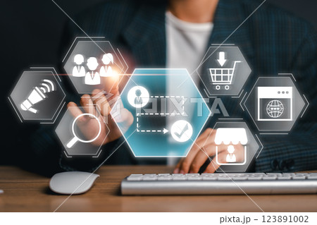 Visual representation of a digital customer journey with icons for marketing, shopping, and engagement in a modern business setting. 123891002