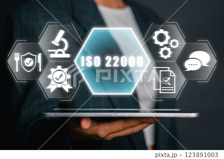 Illustration of ISO 22000 concept with digital icons representing food safety management and quality assurance in the food industry. 123891003