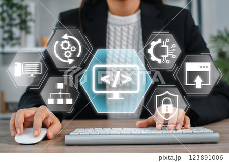 Futuristic interface showcasing programming and technology icons, ideal for illustrating software development and cybersecurity themes. 123891006