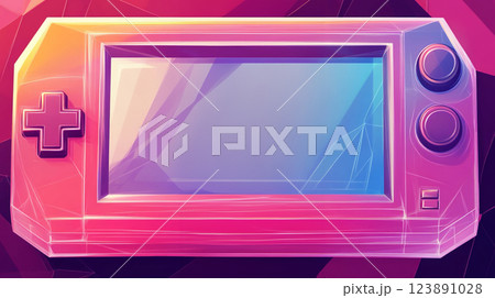 透明感のあるポリゴンスタイルのゲーム機イラスト。鮮やかなネオンカラー 123891028