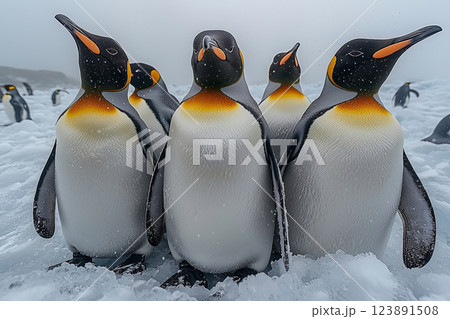 雪の中に立つオウサマペンギンの群れ 123891508