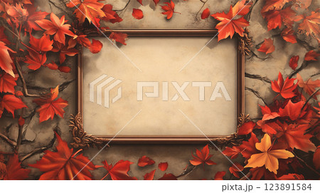 木の額縁と紅葉が調和した秋らしいデザイン背景。暖色系の装飾 123891584
