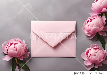 A mockup invitation with a blank paper greeting card, featuring stunning peonies on a gray stone table. The pink envelope and flower background add a touch of whimsy and charm to this unique design. A mockup invitation with a blank paper greeting card, featuring stunning peonies on a gray stone table. The pink envelope and flower background add a touch of whimsy and charm to this unique design. 123891676