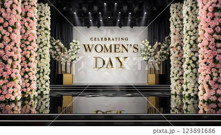 Festive stage decorated with flowers, with the inscription Women's Day 123891686
