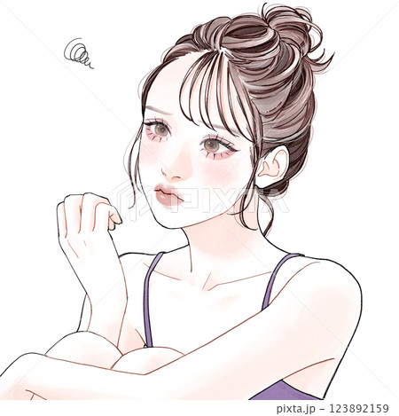 指先を見て不満げな表情の女性 123892159