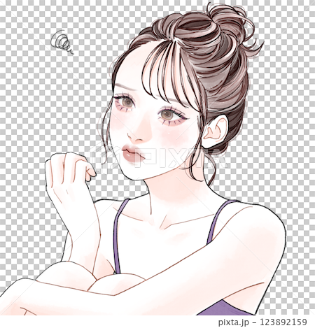 A woman with a dissatisfied expression looking at her fingertips A woman with a dissatisfied expression looking at her fingertips 123892159