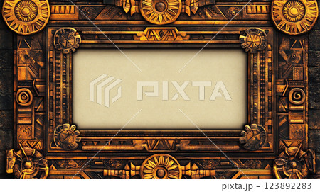 伝統的なアステカ文明のシンボルが刻まれた豪華な金色のフレーム 123892283