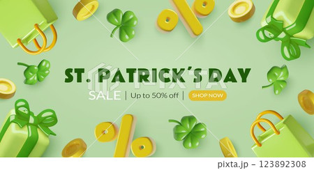 St. Patricks Day sale banner with 3d realistic shamrock coins green shopping bag and gift box 123892308