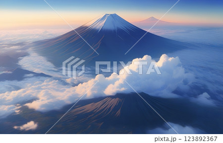 薄明りの空と富士山　朝焼け　年賀状 123892367