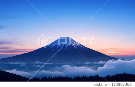薄明りの空と富士山　朝焼け　年賀状 123892369