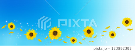 キラキラと輝く夏の青空に舞うひ花びらとひまわりの花 123892395