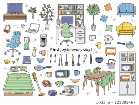 暮らしを彩る家具・家電・食器のイラストセット　新生活応援　線画 123892467