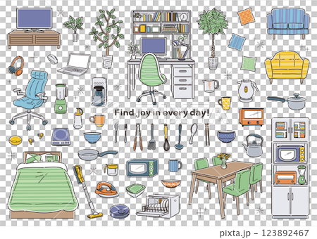 暮らしを彩る家具・家電・食器のイラストセット　新生活応援　線画 123892467