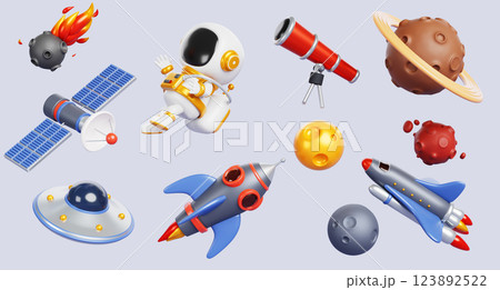 3d set of cartoon space objects. Astronaut, rocket, planets, alien ufo spaceship, telescope, meteorite with fire isolated render icon. Cute spaceman, flying saucer and rock asteroids. 3D illustration 123892522