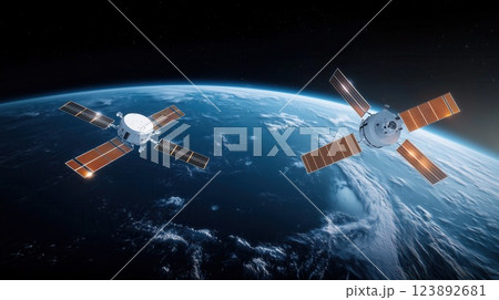 Futuristic vs Decommissioned Satellite Evolution of Space Tech Orbiting Earth with Stunning High Detail Textures Futuristic vs Decommissioned Satellite Evolution of Space Tech Orbiting Earth with Stunning High Detail Textures 123892681