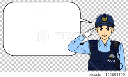 身穿夏季制服和防刺背心的男警員敬禮（附圓形對話框） 123893190
