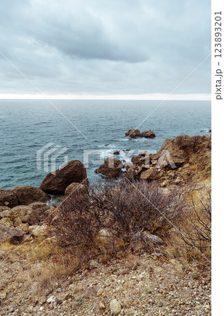 Coastal view with rocky shoreline and cloudy sky at sunset 123893201