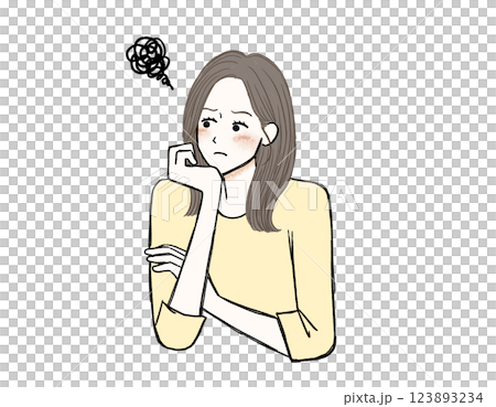 A displeased woman resting her chin on her hands 123893234